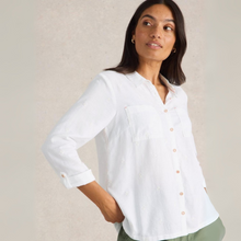 Load image into Gallery viewer, Woman wearing a white button-up shirt against a plain background