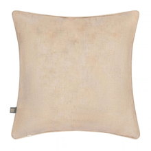 Load image into Gallery viewer, A square beige throw pillow with a subtle linen texture, featuring a small dark gray fabric tag on the bottom-left corner, set against a plain white background.