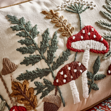 Load image into Gallery viewer, Embroidered design of mushrooms and leaves on a fabric background