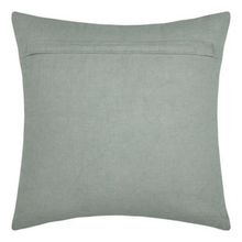 Load image into Gallery viewer, A square throw pillow in a muted sage green fabric, shown from the back with a stitched channel across the top center, isolated on a white background.