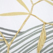 Load image into Gallery viewer, Close-up of a textile pattern featuring a white base with olive green diagonal stripes and a mustard yellow geometric leaf design.