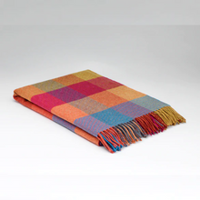 Load image into Gallery viewer, A multicolored checkered McNutt throw blanket with fringes, draped over a chair.