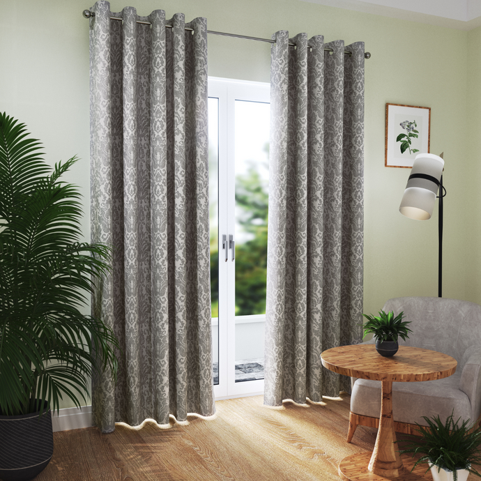 Eyelet curtains on double doors. 