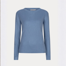 Load image into Gallery viewer, A light blue ribbed knit sweater with subtle speckled details, displayed on a clean white background.
