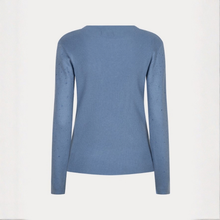 Load image into Gallery viewer, A light blue long-sleeve knit sweater shown from the back, featuring subtle textured knit details and small perforations on the sleeves, set against a plain off-white background.
