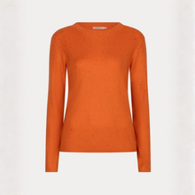 Load image into Gallery viewer, An orange long-sleeve knit sweater with a crew neck and subtle textured knit pattern, displayed on a clean white background.
