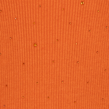 Load image into Gallery viewer, Close-up of an orange ribbed knit fabric with scattered small gold sequins or rhinestones.
