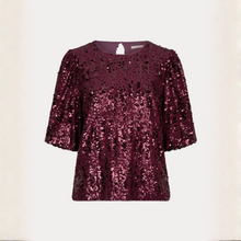 Load image into Gallery viewer, A wine sequined top with elbow-length sleeves and a crew neckline, displayed against a light beige background.
