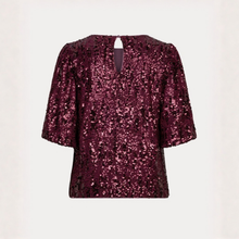 Load image into Gallery viewer, A wine sequined top with three-quarter puffed sleeves and a keyhole back cutout, shown against a plain light background.
