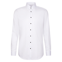 Load image into Gallery viewer, White dress shirt with black buttons on a white background
