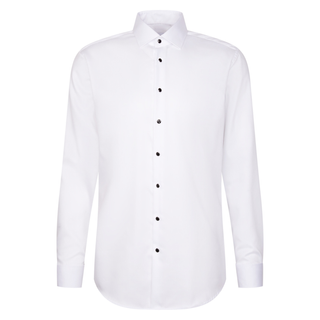 White dress shirt with black buttons on a white background