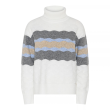 Load image into Gallery viewer, A white turtleneck sweater featuring horizontal wavy stripes in gray, beige, and light blue across the chest and sleeves, shown on a plain white background.
