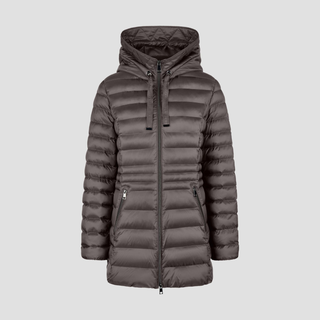A dark brown hooded puffer jacket with horizontal quilting, shown against a solid light gray background.