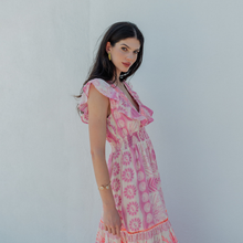 Load image into Gallery viewer, Woman wearing a pink and white patterned dress against a light gray background
