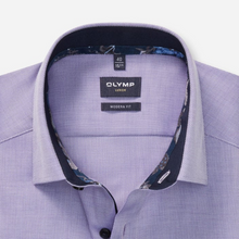 Load image into Gallery viewer, Close-up of a light blue dress shirt with a floral pattern inside the collar, featuring the Olymp Luxor brand label.
