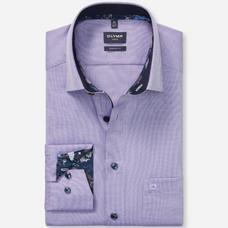 Purple dress shirt with floral accents on a white background