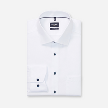 Load image into Gallery viewer, White dress shirt with black buttons on a white background, featuring the Olymp brand.
