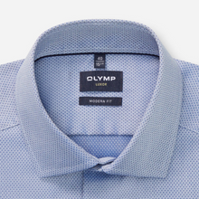Load image into Gallery viewer, Close-up of a light blue Olymp Luxor shirt collar with label
