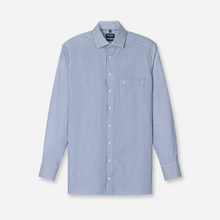 Load image into Gallery viewer, Blue and white striped shirt on a light gray background
