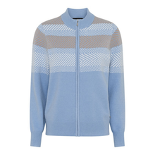Load image into Gallery viewer, A light blue knit zip-up cardigan sweater with a mock neck, featuring horizontal color-blocked stripes on the upper chest and shoulders in beige, white, and light blue geometric patterns.
