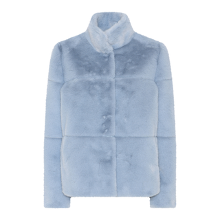 A light blue faux fur jacket with a high stand-up collar and long sleeves, shown against a plain white background.