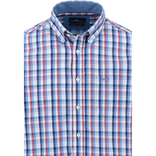 Plaid shirt with blue, red, and white pattern on a white background
