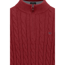 Load image into Gallery viewer, Red cable knit sweater with a zipper on a white background
