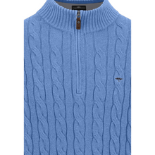 Load image into Gallery viewer, Blue cable knit sweater vest with a zipper on a white background
