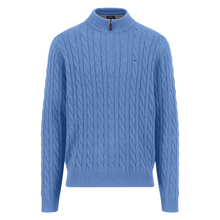 Load image into Gallery viewer, Blue cable knit sweater with a quarter zip on a white background
