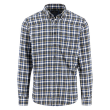 Load image into Gallery viewer, Plaid shirt with blue, green, and white pattern on a white background
