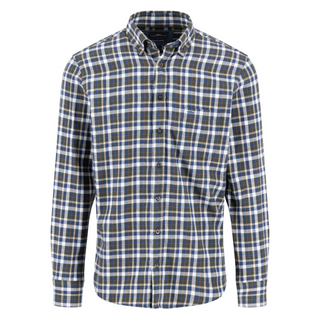 Plaid shirt with blue, green, and white pattern on a white background