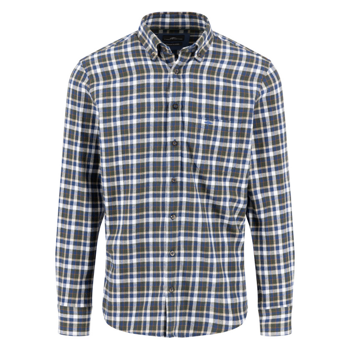Plaid shirt with blue, green, and white pattern on a white background