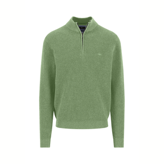 Green sweater with a quarter zip on a white background