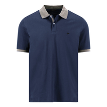 Load image into Gallery viewer, Navy blue polo shirt with gray collar on a white background
