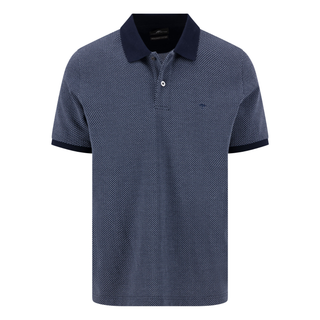Navy blue polo shirt with a pattern on a white background