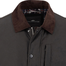 Load image into Gallery viewer, Close-up of a dark charcoal gray jacket with a brown corduroy collar, featuring a silver zipper and snap button closure, with the brand name Lynch Hatton visible on the inner neck label.
