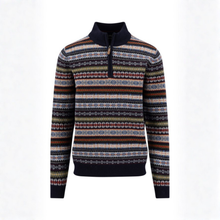Load image into Gallery viewer, A men's long-sleeve quarter-zip sweater featuring a multicolor Fair Isle pattern with navy blue ribbed trim, collar, and cuffs, shown against a plain white background.
