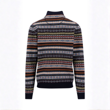 Load image into Gallery viewer, A long-sleeve knit sweater with a dark navy base and horizontal multicolor Fair Isle patterns, shown against a plain white background.
