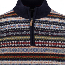 Load image into Gallery viewer, A close-up of a knit quarter-zip sweater with a navy blue collar and zipper, featuring horizontal multicolor Fair Isle patterns in cream, blue, red, yellow, and black.
