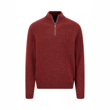 Load image into Gallery viewer, A men's long-sleeve quarter-zip knit sweater in a heathered burgundy red, featuring a small embroidered navy logo on the left chest, displayed on a clean white background.
