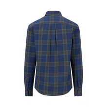 Load image into Gallery viewer, A men's long-sleeve plaid button-down shirt shown from the back, featuring a blue base with yellow and red intersecting plaid lines, displayed on a clean white background.
