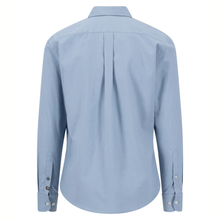 Load image into Gallery viewer, A light blue long-sleeve button-down shirt shown from the back, featuring a central pleat and buttoned cuffs, set against a plain white background.
