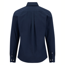 Load image into Gallery viewer, A dark navy blue long-sleeve button-down shirt shown from the back, featuring a subtle center pleat and buttoned cuffs, set against a plain white background.
