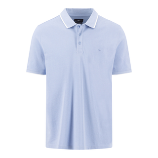 Light blue polo shirt with white collar on a white background