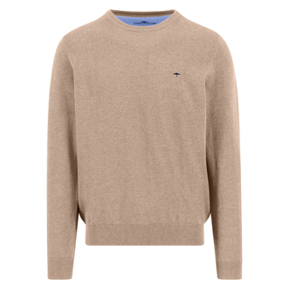 Beige sweater with a small logo on a white background