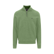 Load image into Gallery viewer, A light green half-zip knit sweater with a small embroidered bird logo on the left chest, displayed on a solid white background.
