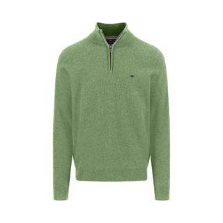 A light green half-zip knit sweater with a small embroidered bird logo on the left chest, displayed on a solid white background.