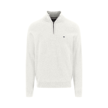 Load image into Gallery viewer, A men's quarter-zip pullover sweater in a light heathered off-white or cream color, featuring a small embroidered umbrella logo on the left chest and a striped inner collar, shown on a plain white background.
