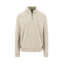 Load image into Gallery viewer, A light beige quarter-zip pullover sweatshirt with a small embroidered bird logo on the left chest, displayed on a clean white background.
