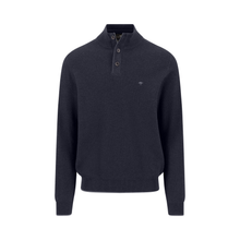Load image into Gallery viewer, A dark navy blue long-sleeve knit sweater with a mock neck and three-button placket, featuring a small embroidered horse logo on the left chest, displayed on a clean white background.

